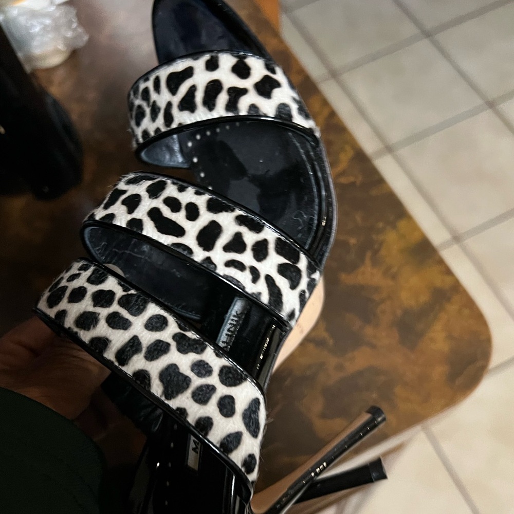 Manolo Blahnik Pony Hair Cow Print Strappy Slip On High Heel Sandals - Picture 3 of 4